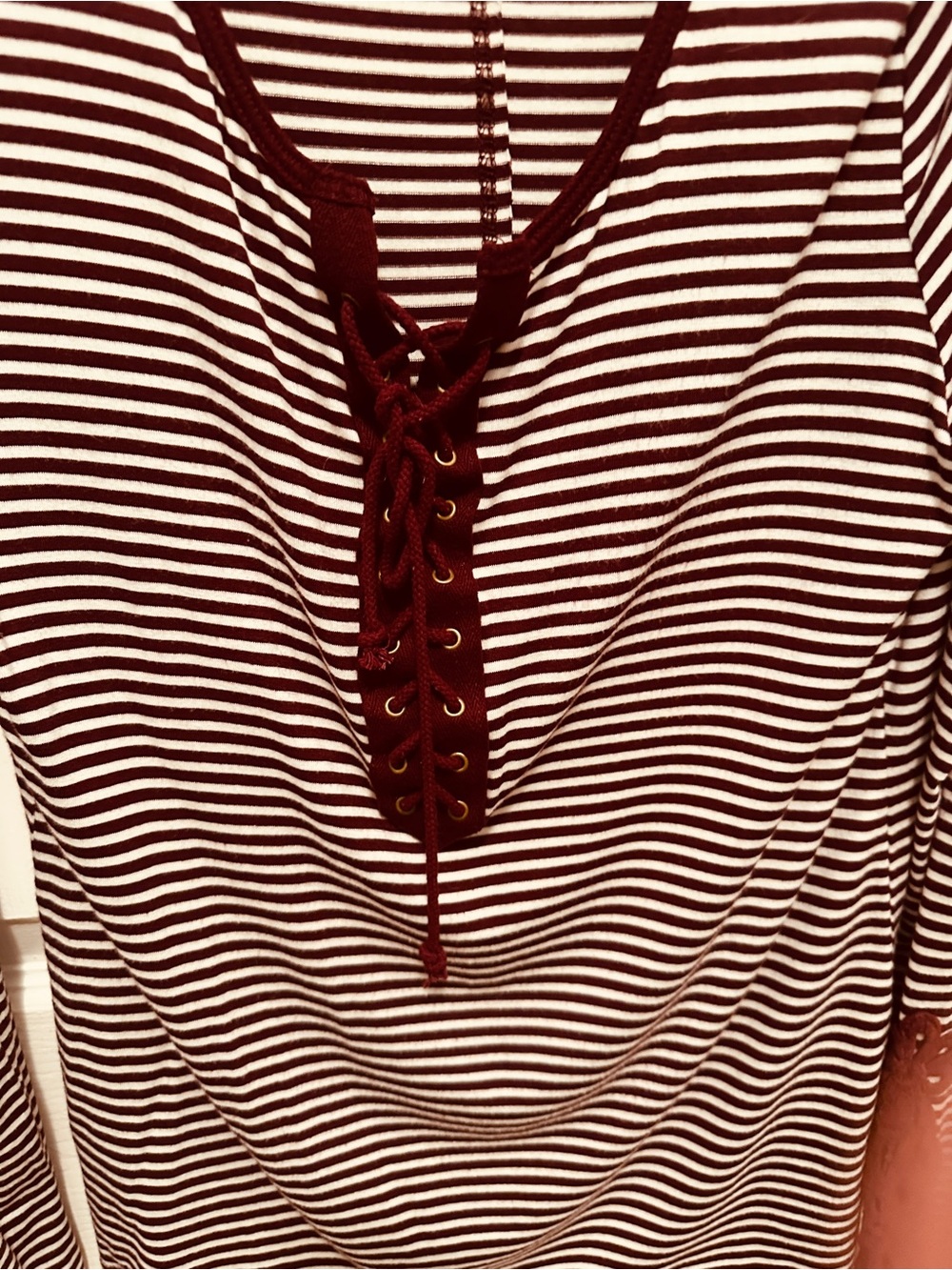 BKE burgundy and white Striped Lace-Up Long Sleeve Top